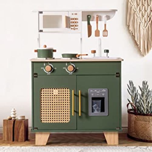 ROBOTIME Play Kitchen with Pretend Ice Cube Dispenser for Toddler, Wooden Kids Kitchen Play Set, Toy Kitchen Set for Kids Age 3 4 5 6 7 (Vintage Green)