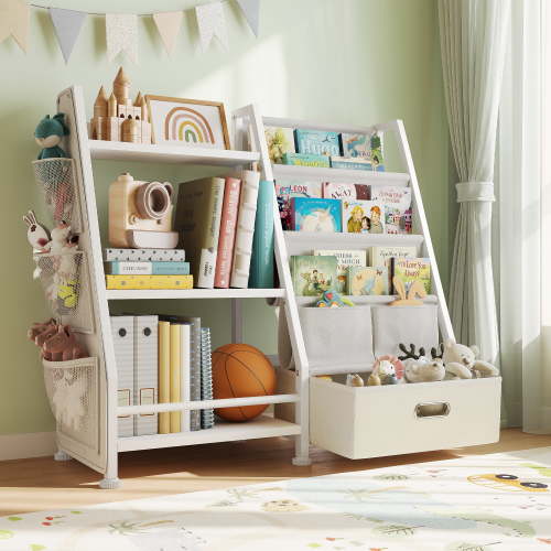 Joqixon 33.4"x11.8" Kids Bookshelf and Toy Storage Organizer: White Book Shelf for Kids Room with Drawer to Storage Books and Toys Organizer - 3 Tire Toddler Bookshelf with 3 Side Pockets for Nursery