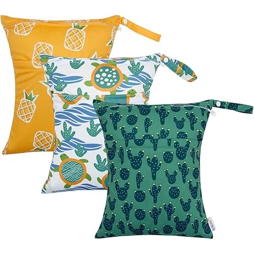 ALVABABY 3pcs Cloth Diaper Wet Dry Bags Waterproof Reusable with Two Zippered Pockets Travel Beach Pool Daycare Soiled Baby Items Yoga Gym Bag for Swimsuits or Wet Clothes 3L-ZM23A