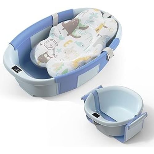 Collapsible Baby Bathtub, 3s to Install, Baby Bath Tub with Soft Cushion & Thermometer, 0-36 Months Newborn Bathtub,Portable Travel Baby Tub, Blue