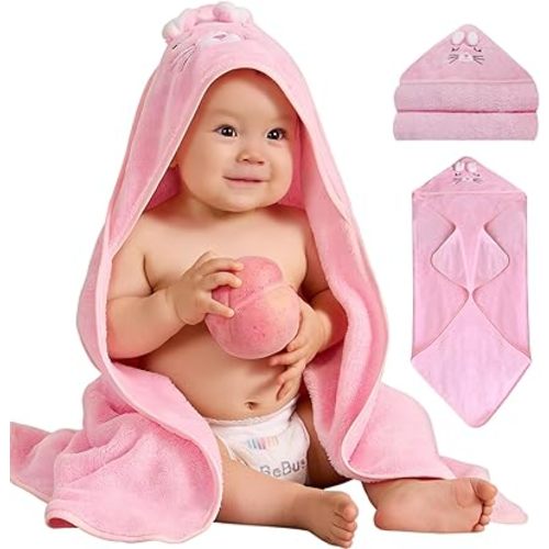 Hooded Baby Towel, Premium Soft Coral Fleece Baby Towel for Baby, Newborns, Toddlers, Infant- Ultra Absorbent, Natural Baby Stuff Towel with Hood for Boys and Girls (Pink Cat)