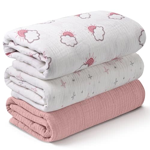 Muslin Swaddle Blankets for Newborn, 3 Pack Breathable Soft Receiving Blanket, Large 38 x 40 inches Swaddle Wrap Burping Clothes Diapers, Essentials Infant Shower Items, Toddler Gift (Clouds & Stars)