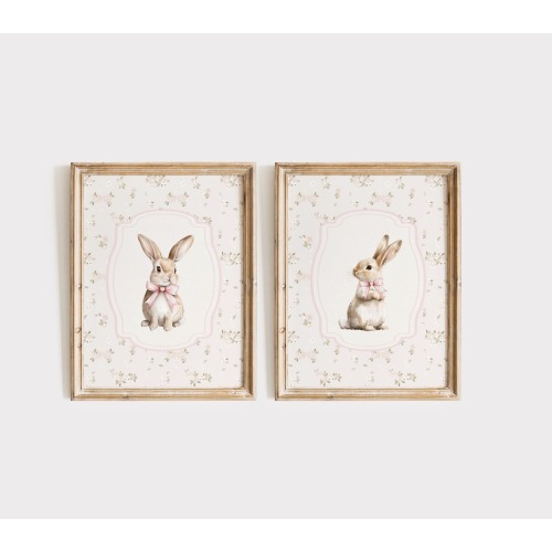 Pink Floral Bunny Wall Art, Bunny Girl Nursery Decor, Rabbit Nursery Print Set, Bunny Coquette Wall Art, Vintage Girl Room, Instant Download