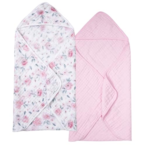 PHF 2 Pack Baby Hooded Towels, 100% Muslin Cotton Baby Bath Towel with Hood for Newborn, Infant, Toddler, Ultra Soft and Absorbent Baby Essentials Bath Towels for Girls, 32x32Inch, Floral