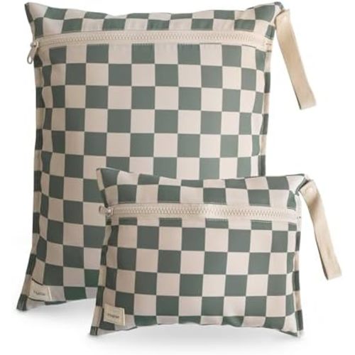 mushie Water Resistant Wet Bags | Large & Small Reusable Storage Bag for Baby Items and Travel | Zippered Pockets with Handle | Machine Washable, Set of 2 (Olive Check)