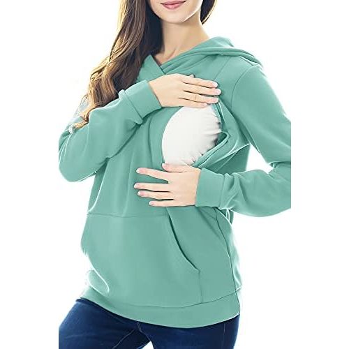 XL - Mint Green - Smallshow Women's Fleece Maternity Nursing Sweatshirt Hoodie Kangaroo Pocket