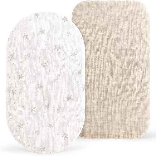 Bearmoss Bassinet Sheets - 2 Pack Muslin Cotton Bassinet Sheets Fits Oval and Rectangle Bassinet Mattress, Breathable and Skin-Friendly for Baby Boy and Girl (Light Gray&Sand)