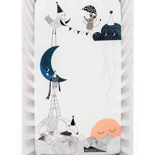 Rookie Humans 100% Cotton Sateen Fitted Crib Sheet: The Moon’s Birthday. Modern Nursery, Use as a Photo Background for Your Baby Pictures. Standard Crib Size (52 x 28 inches) (Standard Cotton Sateen)