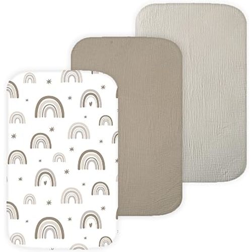 Muslin Bassinet Sheets Compatible with Mika Micky, Ronbei, Papablic Baby Bedside Sleeper by TansyPanda, 3 Pack, 19 x 32 in, Ultra Soft, Breathable and Snug Fit, Unisex Boys and Girls, Green Rainbow