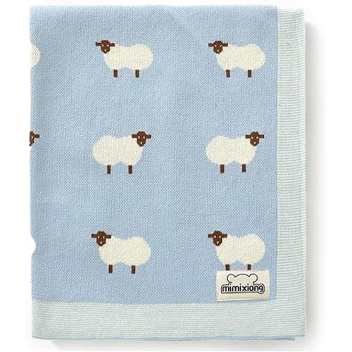 mimixiong Baby Blanket Knit 100% Cotton Toddler Blankets for Boys and Girls with Cute Sheep Size 30 x 40 inches Blue