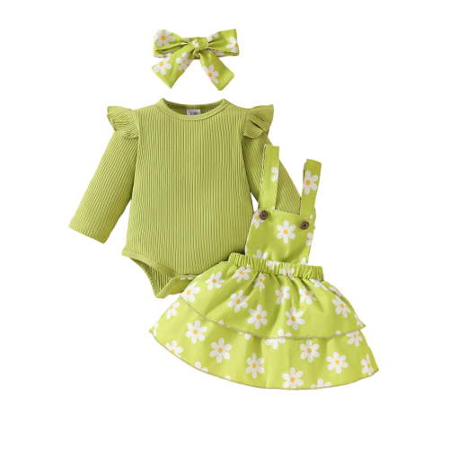 Dezsed Newborn Infant Baby Girl Clothes Ribbed Romper Bodysuit Suspender Skirt Set with Headband Fall Winter Outfits for 3-6 Months Green on Clearance