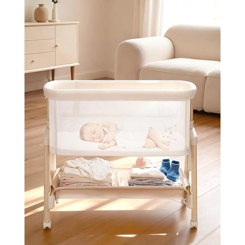 Baby Bassinet, 3 in 1 Bedside Bassinet Sleeper for Newborn, Portable Baby Crib with 7 Adjustable Height & Large Storage Basket & Full-Mesh Sides & Mattress, Easy Folding Baby Bed for Infant (Beige)