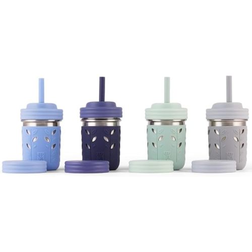 Elk and Friends Stainless Steel Cups | Mason Jar 10oz | Kids & Toddler Cups with Silicone Sleeves & Straws with Stopper | Spill proof Smoothie Cups - Sage/Misty Blue/Grey/Navy (New Lids)