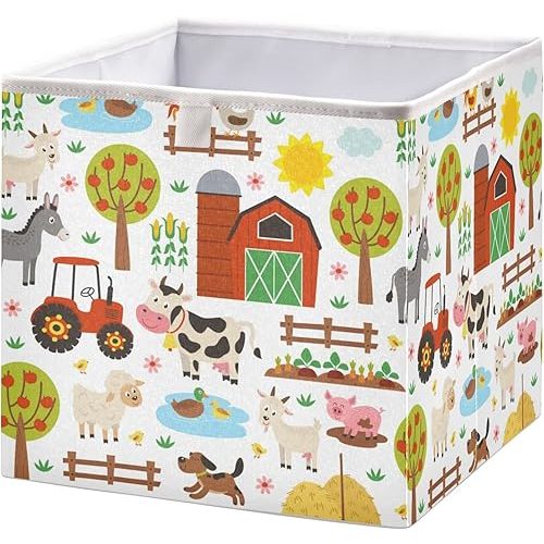 Kigai Farm Animals Cube Storage Bin, Large Foldable Organizer Basket for Toys, Shelves, Laundry, Nursery -11 x 11 x 11 in