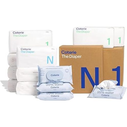 Coterie Baby Diapers + Wipes Baby Kit, Size 1 (198 Count) Size Newborn (93 Count) 4 Wipe Packs (224 Wipes) Made with Plant Derived Fibers, Hypoallergenic, for Sensitive Skin, Clean Ingredients