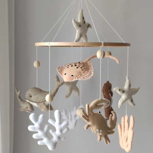 Coastal Baby Mobile Whale, Stingray, Crab, Starfish, Ocean Theme, Handmade Felt Nursery Decor, Under the Sea Crib Mobile, Soft Pastel Colors