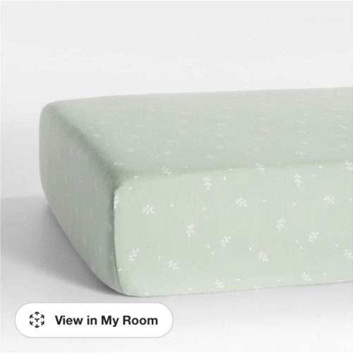 Supersoft Muted Teal Leaf Print Organic Cotton Gauze Baby Crib Fitted Sheet