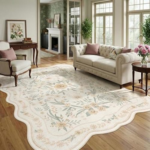 Scalloped Floral Rug 8x10, Neutral Beige Washable Non Slip Large Area Rug for Living Room, Soft Low Pile Cream Cottagecore Rug for Bedroom, Dining Room,Nursery, Farmhouse Home Office