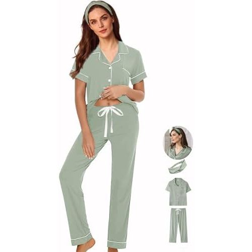 3Pcs Soft Pajama Sets For Women XS-XXL Womens Pajamas Set Sleepwear Button Down Short Sleeve Long Pants Pj sets