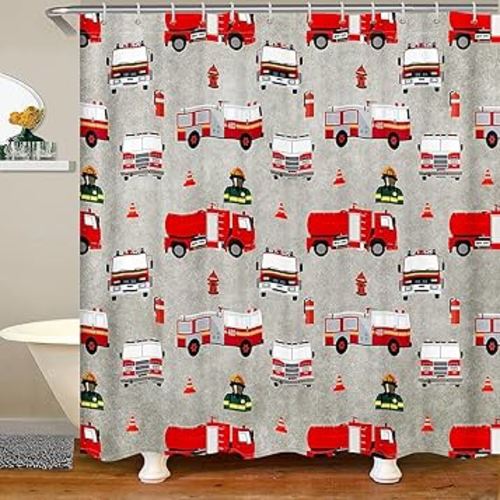 Feelyou Kids Fireman Shower Curtain Boys Fire Engine Firefighter Bath Curtain Red Fire Truck Vehicle Pattern Bathroom Shower Curtain Set for Girls Stalls Decor Waterproof Curtains 72x72 Inch