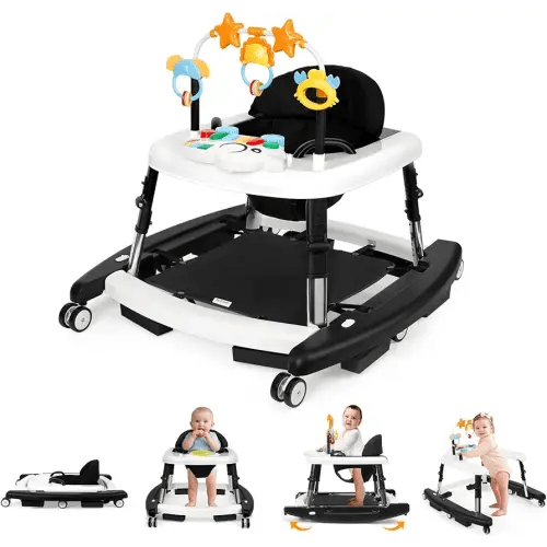 5-in-1 Music and Lights Baby Walker Foldable with 5 Adjustable Heights, Baby Walker with Wheels and Bouncer Combo Portable, Infant Toddler Walker for Baby Boy Girls 6-18 Months