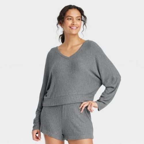Women's Cozy Ribbed Pullover - Auden™ Oatmeal L Relaxed Fit V Neck Dolman Sleeve Midweight Abstract Pattern