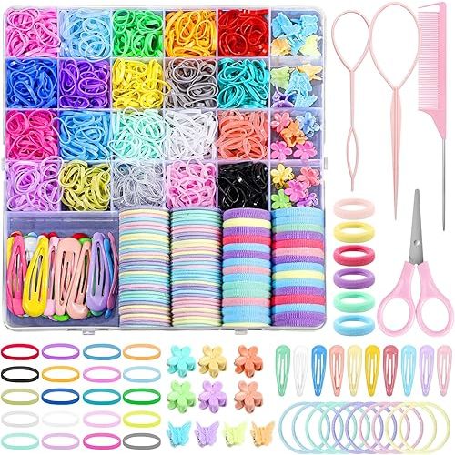 Hair Accessories for Girl, 1543 Pcs Elastic Hair Rubber Bands Set 20 Colors Elastic Hair Ties with Organizer Box Cotton Baby Hair Ties, Hair Tail Tools, Rat Tail Comb, Butterfly Hair Clips