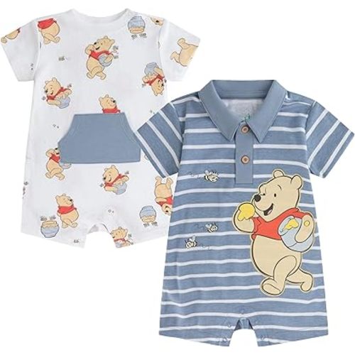 Disney Cars Winnie the Pooh Mickey Mouse Stitch Baby Boys 2 Pack Romper for Newborn and Infant