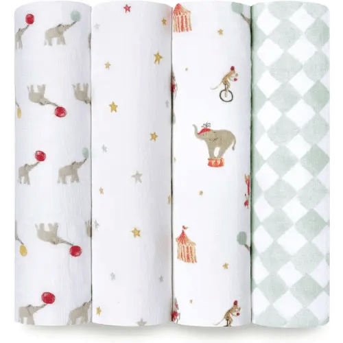 aden + anais Essentials Disney Baby Muslin Swaddle Blankets, Newborn Receiving Blanket for Swaddling, 100% Cotton Baby Swaddle Wrap, 4 Pack, Elephant Circus