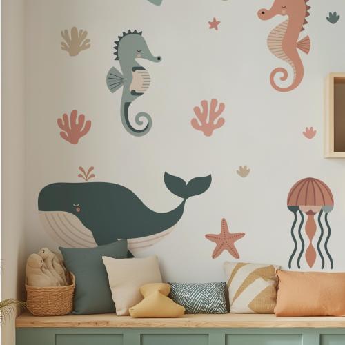 Boho Sea Life Wall Decals | Ocean Animals Stickers Whales Seahorse Coral, Nursery Underwater Decor, Removable Marine Kids Room Wall Art Set
