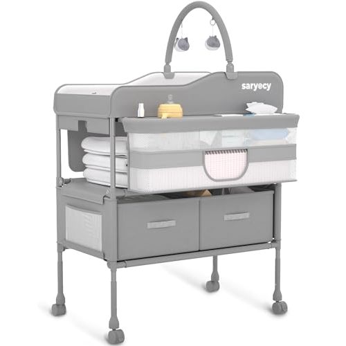 Saryocy Baby Changing Table, Versatile Folding Changing Table, Waterproof Diaper Changing Station, Adjustable Height with 2 Drawers,Baby Changing Station, Mobile Nursery for Infant and Newborn
