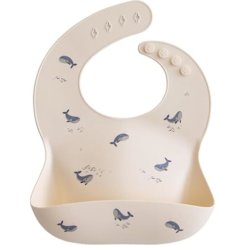 mushie Silicone Baby Bib | Adjustable Fit Waterproof Bibs (Whales)