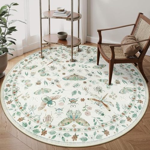 Lahome Insect Washable Round Area Rug, Soft Round Rugs 6ft Ultra-Thin Non-Slip, Boho Large Circle Carpet for Bedroom Living Room Kitchen Nursery Vionnet, Beige