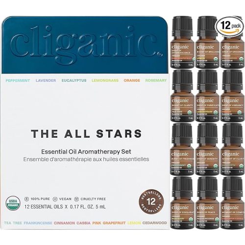 Cliganic Essential Oils Set TOP 12 100% Pure - Peppermint, Lavender, Eucalyptus, Tea Tree, Lemongrass, Rosemary, Frankincense, Orange, Lemon, Cassia, Cedarwood, Grapefruit