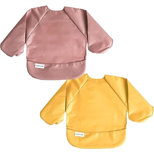 Tiny Twinkle Mess Proof Baby Bib, 2 Pack Long Sleeve Bib Outfit, Waterproof Bibs for Toddlers, Machine Washable, Tug Proof (Taupe Dandelion, Large 2-4 Years)