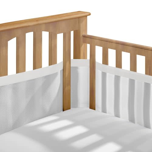 BreathableBaby Breathable Mesh Liner for Full-Size Cribs, Deluxe 4mm Mesh, White Mist (Size 4FS Covers 3 or 4 Sides)