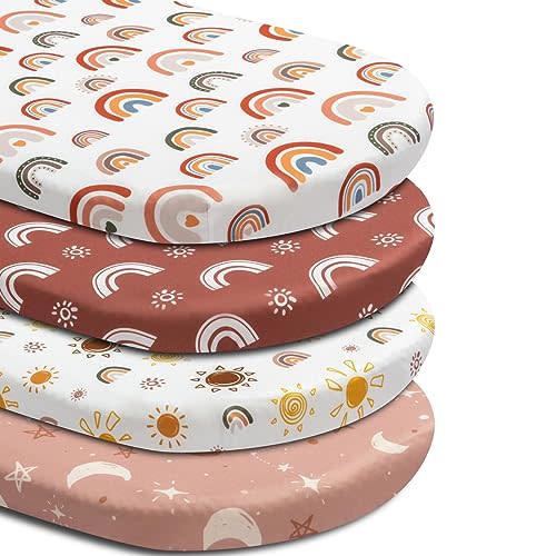 4 Pack Bassinet Sheets Boho Nursery Sheets Sunshine and Rainbow Desdign Neutral Unisex Fitted Baby Bassinet Sheets for Baby Boys or Girls (Bassinet Sheets)