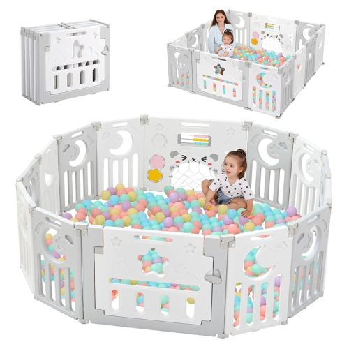 Baby Playpen, Dripex Foldable Playpen for Babies and Toddlers, Custom Shape Baby Fence, Safety Play Yard with Gate, Portable Play Area for Indoor or Outdoor, Light Grey White,14 Panel