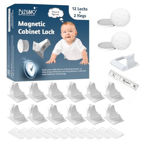 12 Pack Magnetic Cabinet Locks Baby Proofing with 12 locks and 2 Keys - Blessimo Child Locks For Kitchen, Cabinets and Drawers - 3M Adhesive Easy Installation