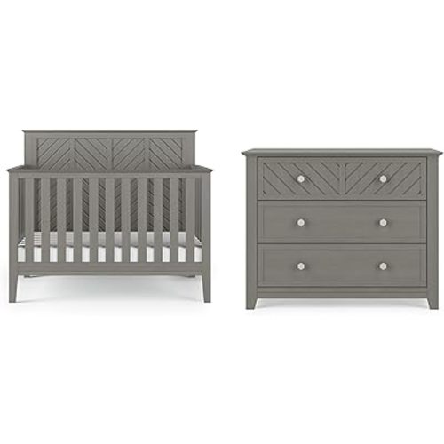 Child Craft Atwood Crib and Dresser Nursery Set, 2-Piece, Includes 4-in-1 Convertible Crib and 3-Drawer Dresser, Grows with Your Baby (Lunar Gray)