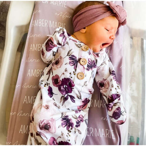 Demi's Dusty Purple Floral Newborn Baby Knot Gown & Hat Set