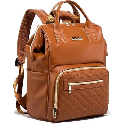 Leather Diaper Bag Backpack with Changing Pad and Pacifier Case, Baby Traveling Bag, Large Newborn Baby Maternity Bags Travel Tote with Insulated Pockets, Brown