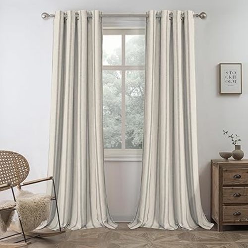DriftAway Farmhouse Linen Blend Blackout Curtains 84 Inches Long for Bedroom Vertical Striped Printed Linen Curtains Thermal Insulated Lined Treatments for Living Room 2 Panels W52 x L84 Grey