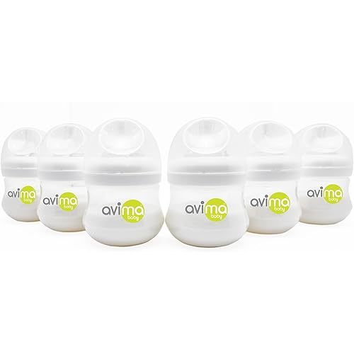 Avima Baby 4 oz Anti Colic Baby Bottles for Breastfed Babies - Slow Flow Nipples, Wide Neck Bottle, BPA Free - Newborn 0-3 Months, Stage 1 (Set of 6)