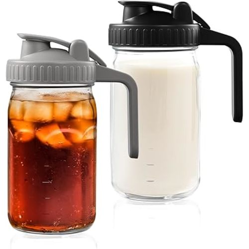2 Pack Glass Pitcher with Lid, Wide Mouth Mason Jars 32 oz, Glass Breast Milk Pitcher Mason Jar, Glas Pitchers with Handle and Lid Easy to Clean, Ideal for Coffee & Creamer, Iced & Sun Tea, Juices