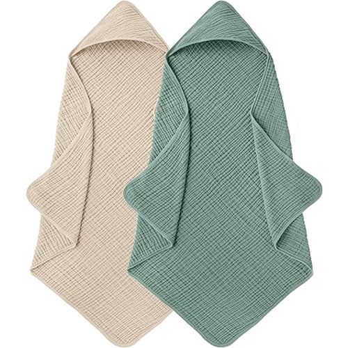 Muslin Hooded Baby Towels for Newborns, 32"x32", 100% Cotton – 6 Layers Super Soft Absorbent Breathable, Baby Bath Towel, Toddler Bath Towel – Pack of 2