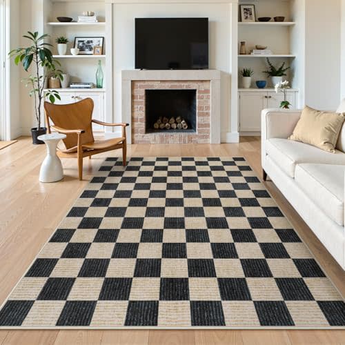 LIVEBOX Machine Washable Area Rug 6x9 Checkered, Non Slip Soft Large Bedroom Living Room Rug Farmhouse Neutral Classic Geometric Boys Rug, Indoor Carpet for Den Dorm Playroom(Black,6'x9')