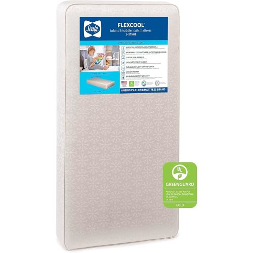 Sealy Baby Flex Cool Breathable Hypoallergenic 2-Stage Dual Firm Waterproof Baby Crib Mattress & Toddler Bed Mattress, Cotton Cover, 204 Premium Coils, Air Quality Certified, Made in USA, 52"x28"