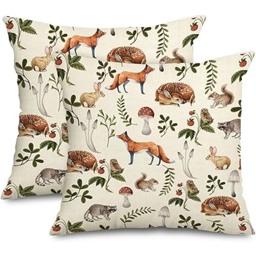 Forest Pillow Covers Watercolor Animal Plants Throw Pillow Case Woodland Decorative Cushion Cover for Home Office Couch Sofa Decoration, 18 x 18 Inch, Set of 2
