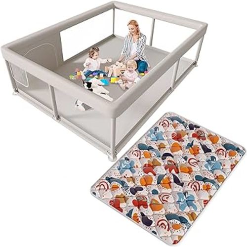 65 x 50 Inch Baby Playpen with Mat, PlayPen for Babies and Toddlers, Sturdy Safety Play Yard for Indoor & Outdoor with Zipper Gates